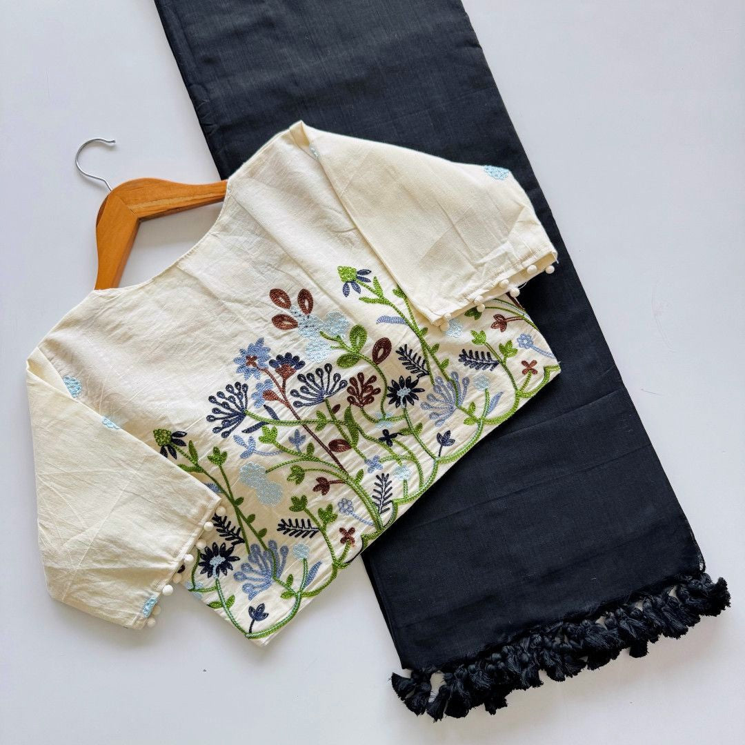Black Khadi Cotton Saree with Readymade Floral Embroidered Blouse