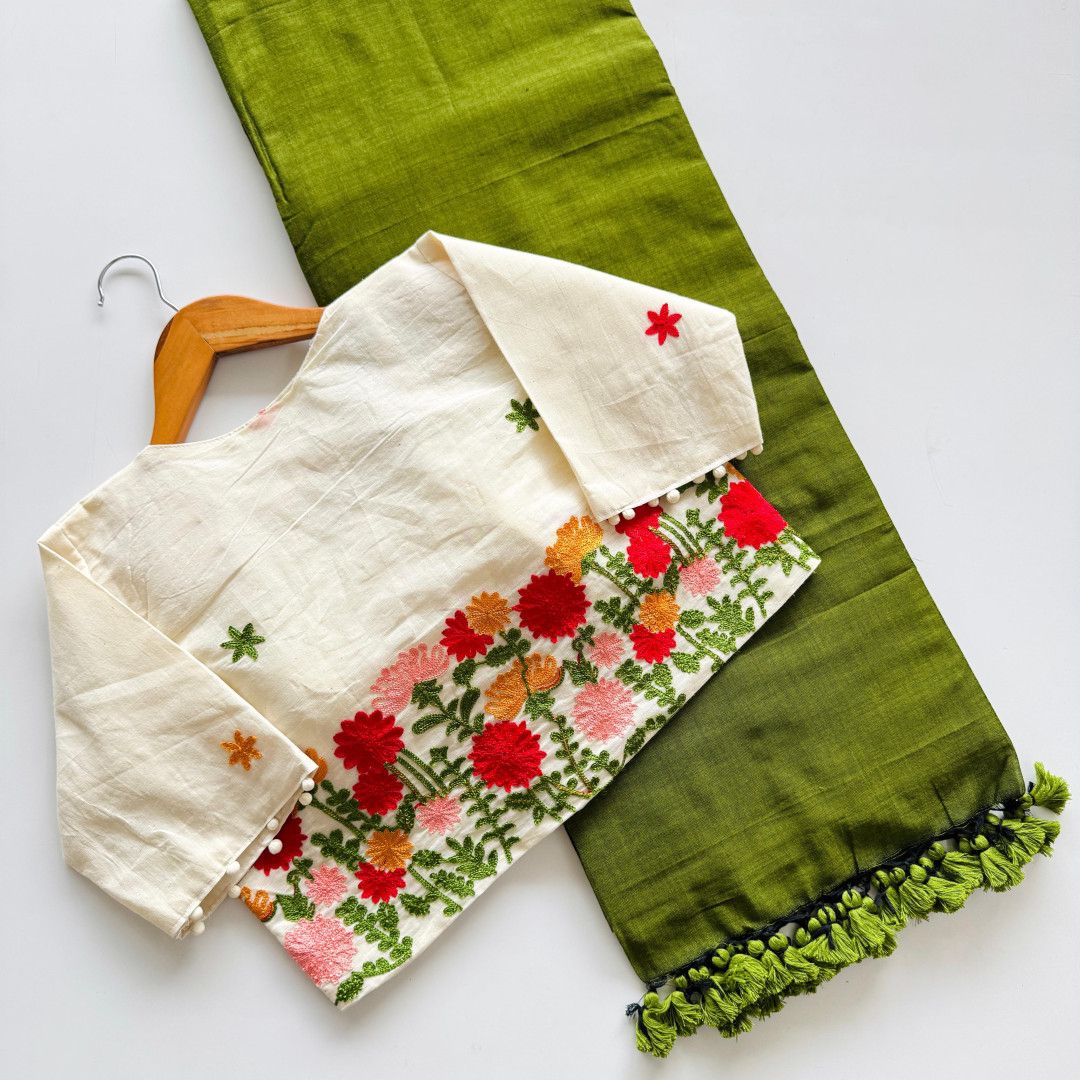 Green Khadi Cotton Saree with Readymade Floral Embroidered Blouse