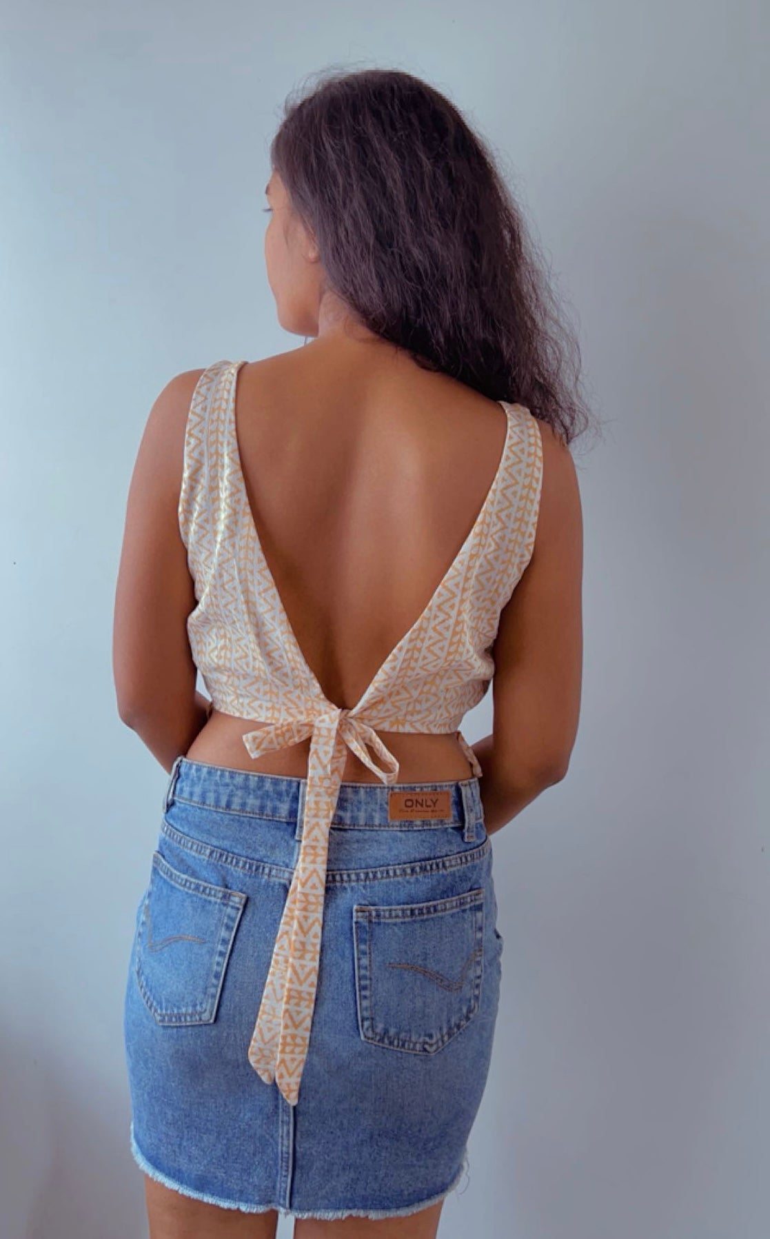 Cream Geometric Crop Top - Backless Tie-Up