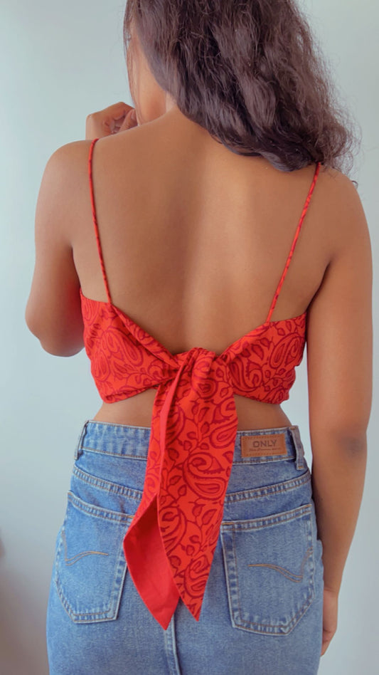 Red Paisley Crop Top - Sweetheart Neckline with Tie-Back Detail