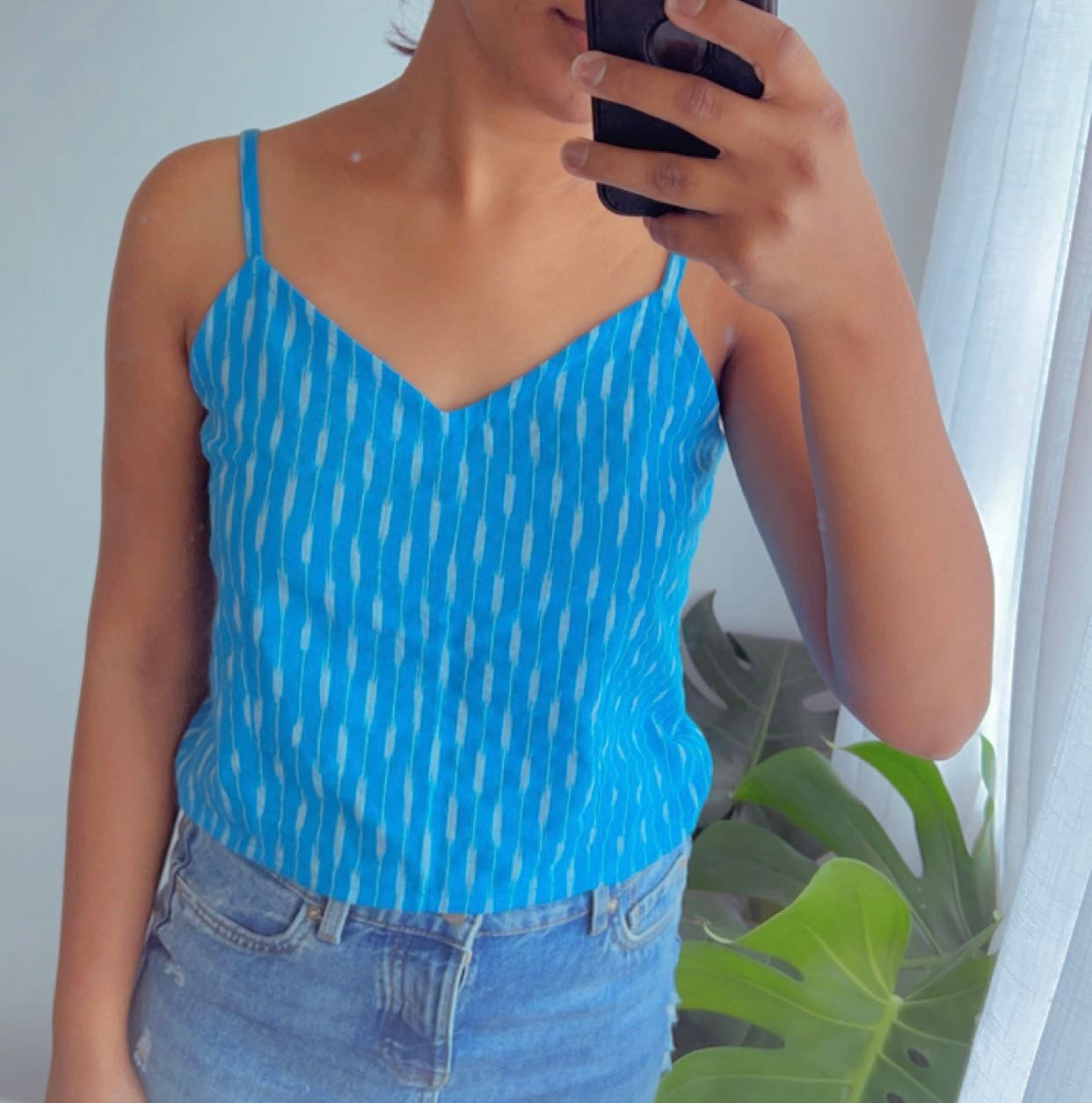 Blue Ikat fabric Striped Crop top