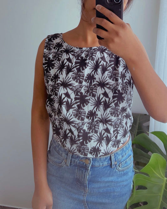 Monstera Tropical Print Crop Top - Backless Tie-Up