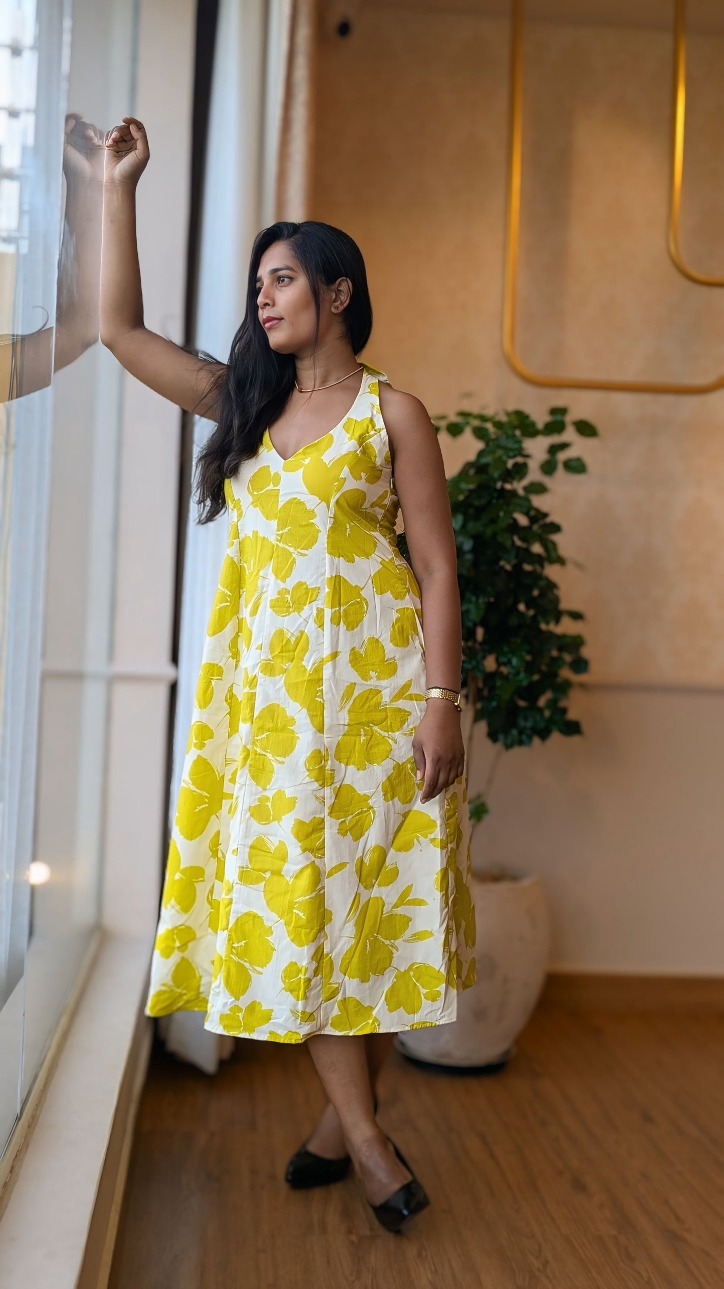 Neon Green Floral Print Open Back Dress