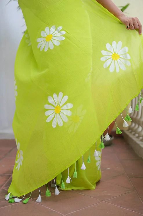 Green Khadi cotton saree with Printed flower work