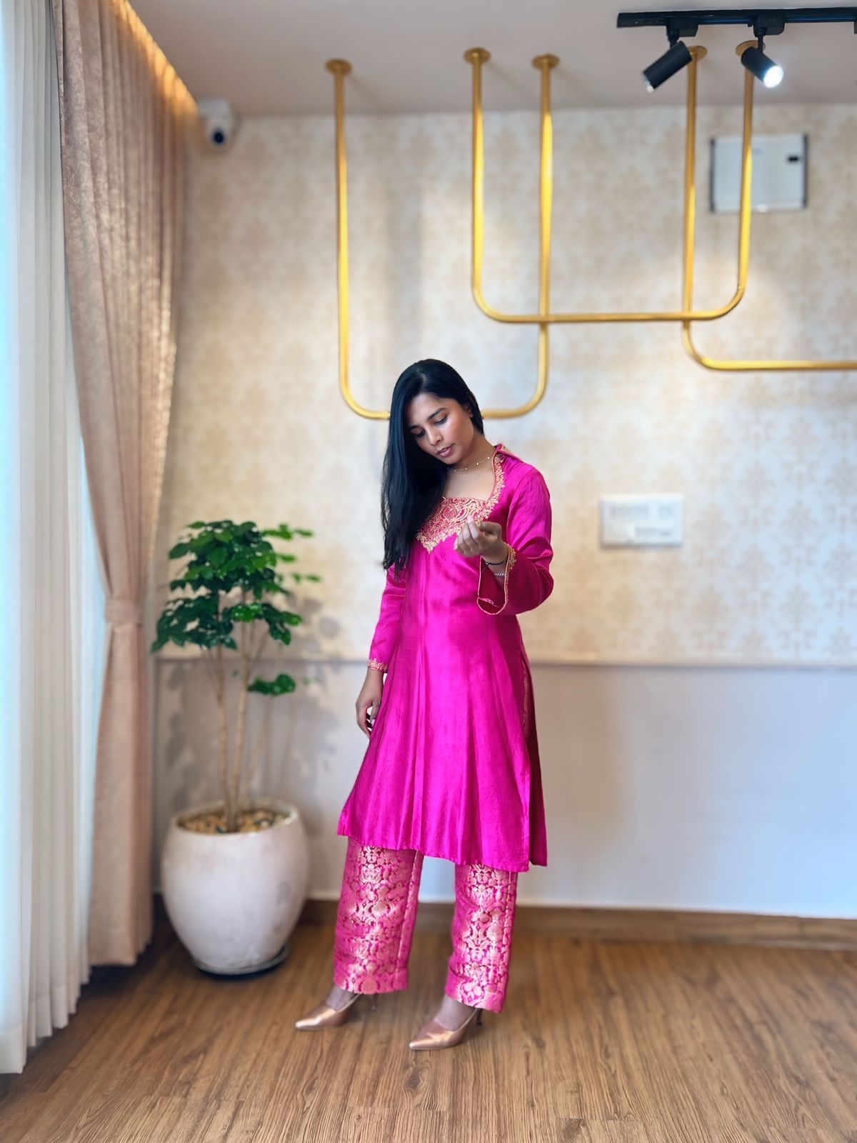 The Tunic Brocade Ensemble - Pink Gaji Silk Kurta with Gold Brocade Trousers
