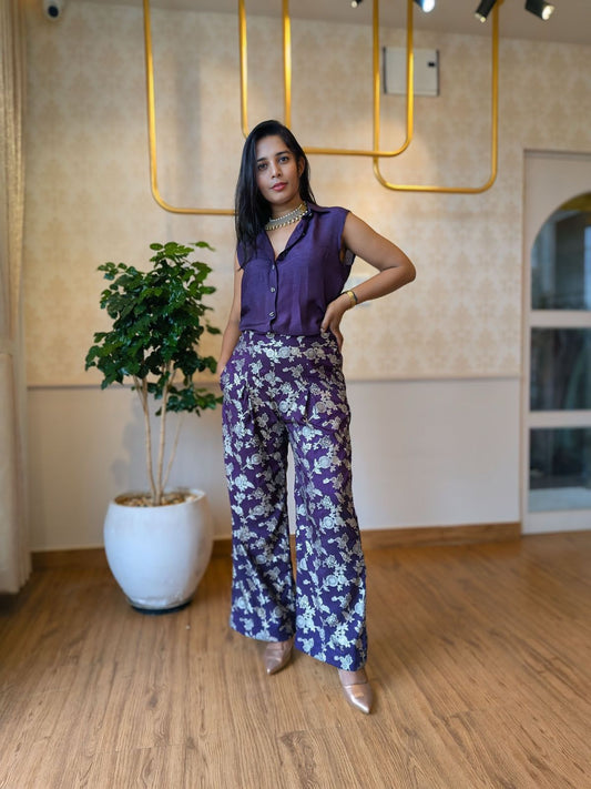 Purple Floral Coord Set – Sleeveless Shirt & Wide-Leg Brocade Pants