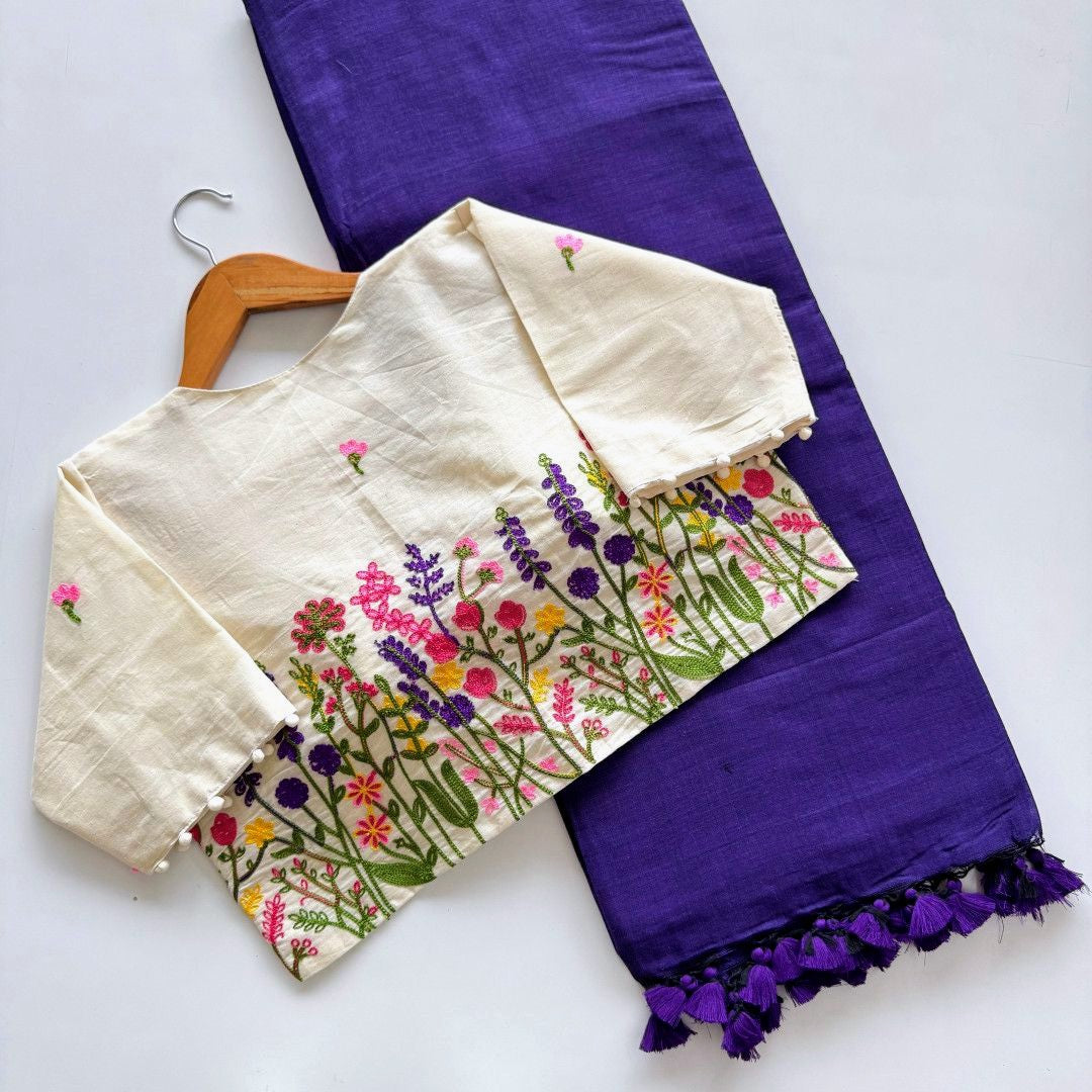 Purple Khadi Cotton Saree with Readymade Floral Embroidered Blouse