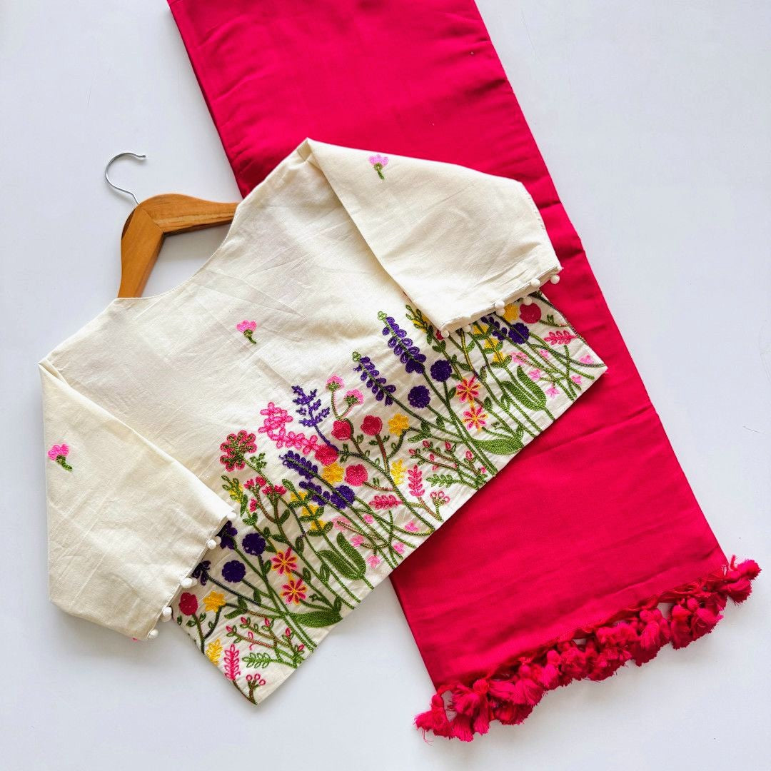 Deep pink Khadi Cotton Saree with Readymade Floral Embroidered Blouse