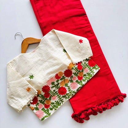 Red Khadi Cotton Saree with Readymade Floral Embroidered Blouse