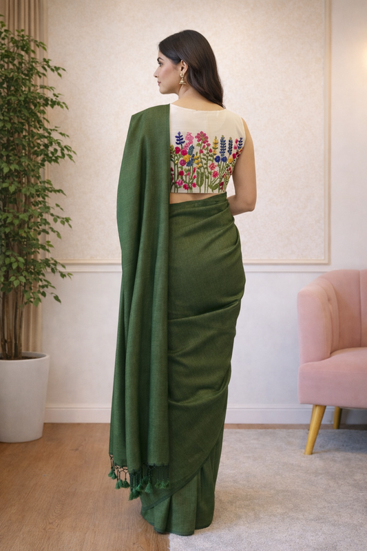 Green Khadi Cotton Saree with Readymade Floral Embroidered Blouse