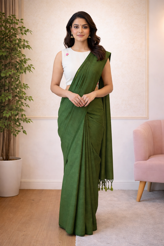 Green Khadi Cotton Saree with Readymade Floral Embroidered Blouse