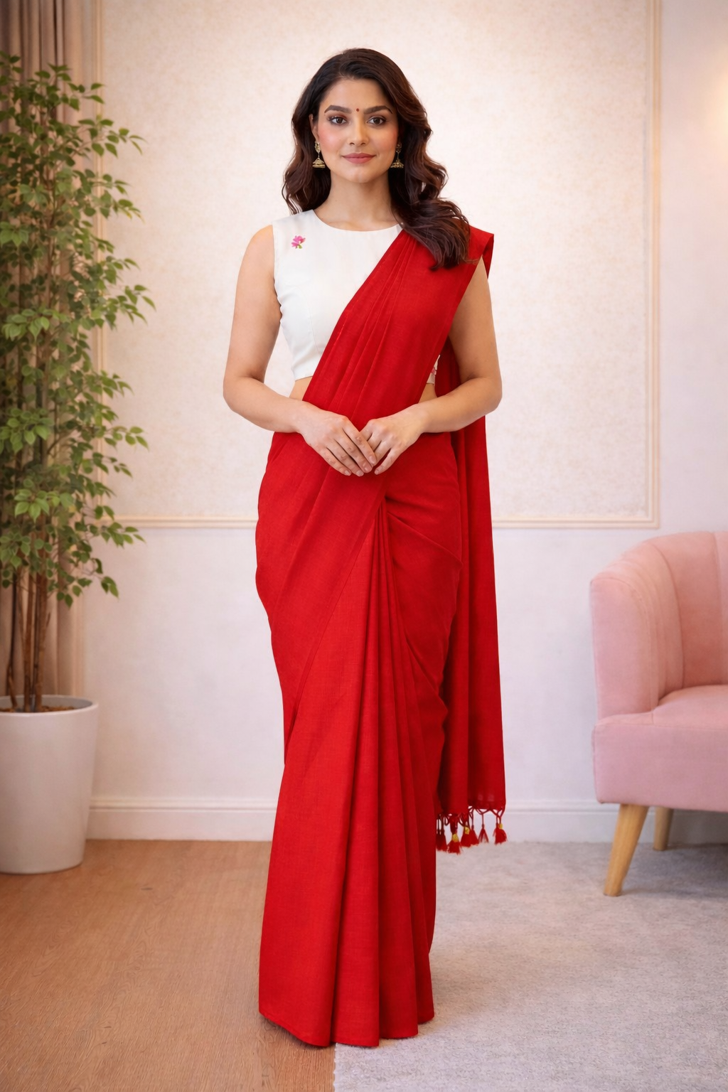 Red Khadi Cotton Saree with Readymade Floral Embroidered Blouse