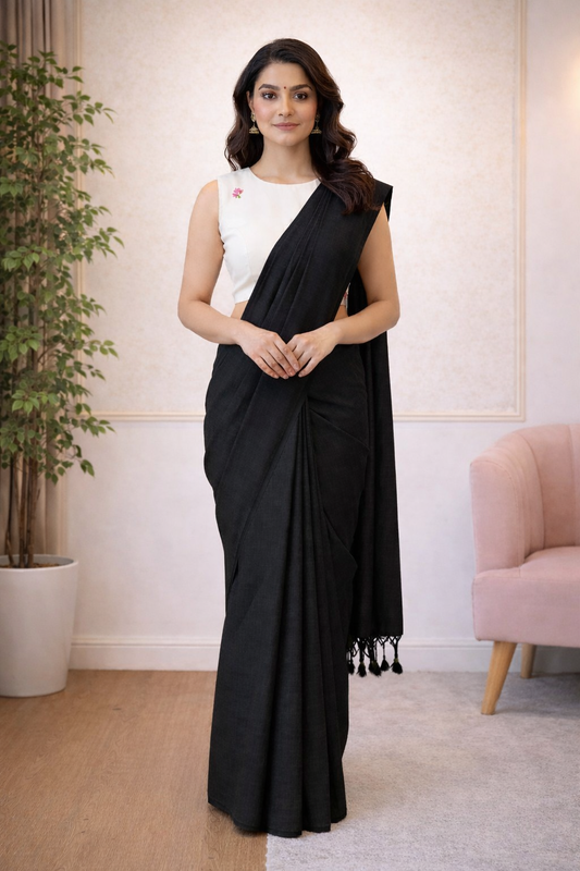 Black Khadi Cotton Saree with Readymade Floral Embroidered Blouse