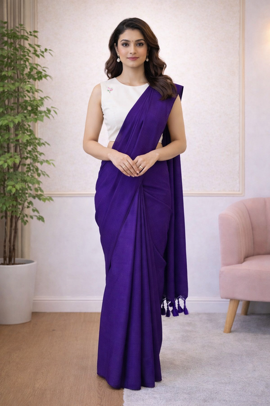 Purple Khadi Cotton Saree with Readymade Floral Embroidered Blouse