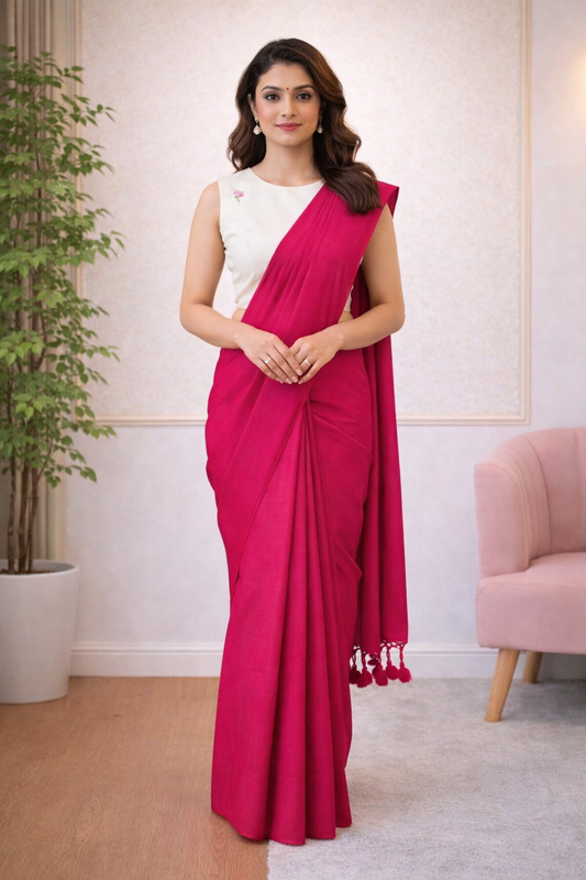 Deep pink Khadi Cotton Saree with Readymade Floral Embroidered Blouse