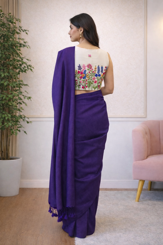 Purple Khadi Cotton Saree with Readymade Floral Embroidered Blouse