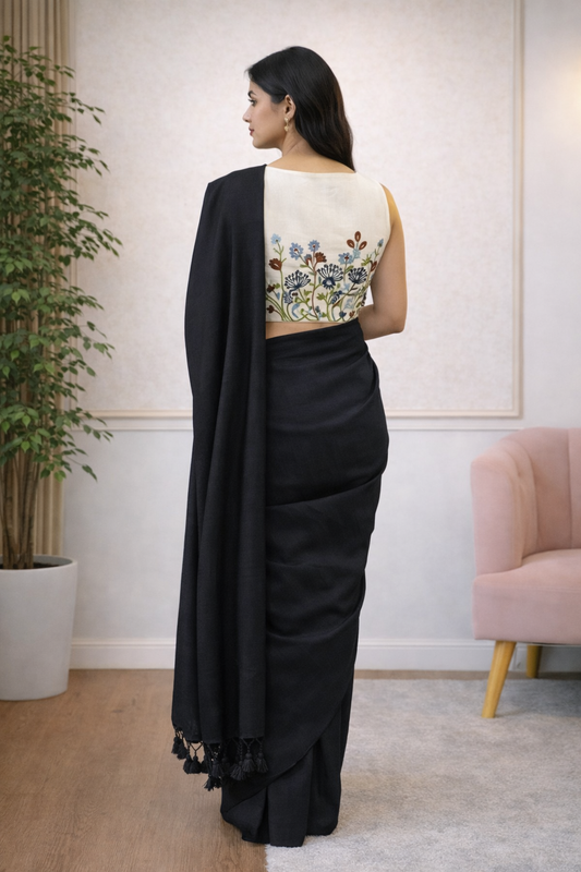 Black Khadi Cotton Saree with Readymade Floral Embroidered Blouse