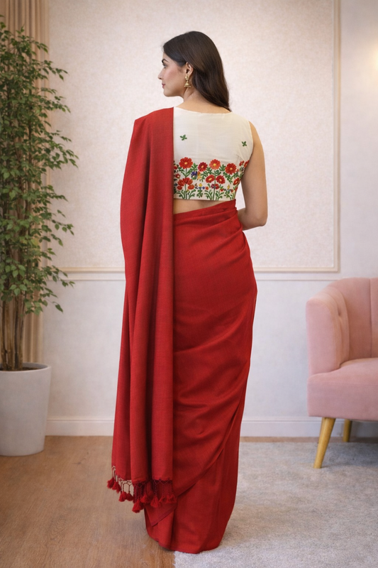 Red Khadi Cotton Saree with Readymade Floral Embroidered Blouse