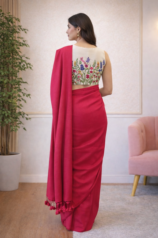 Deep pink Khadi Cotton Saree with Readymade Floral Embroidered Blouse