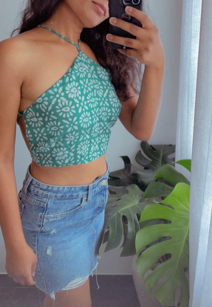 Teal Floral Halter Crop Top