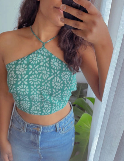 Teal Floral Halter Crop Top