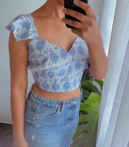 Blue Floral Flutter Sleeve Crop Top - Backless Tie-Up Top