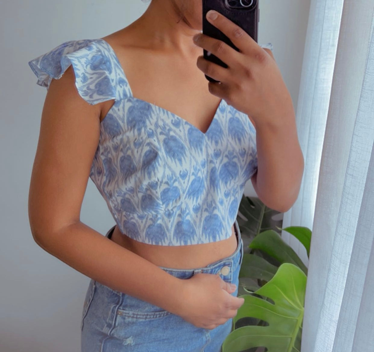 Blue Floral Flutter Sleeve Crop Top - Backless Tie-Up Top