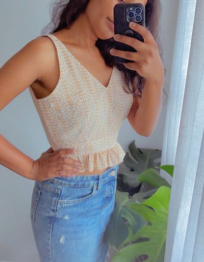 Cream Geometric Crop Top - Backless Tie-Up