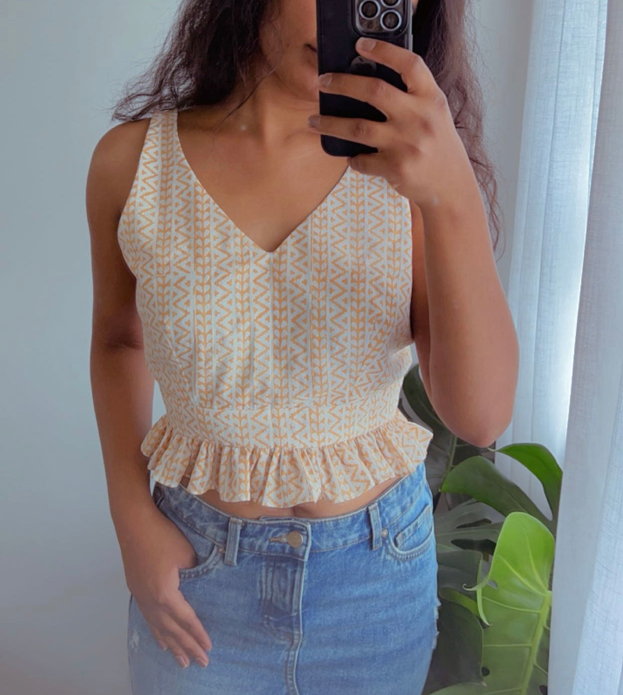Cream Geometric Crop Top - Backless Tie-Up
