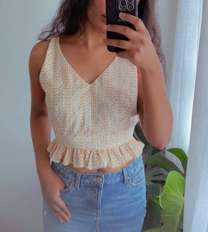 Cream Geometric Crop Top - Backless Tie-Up