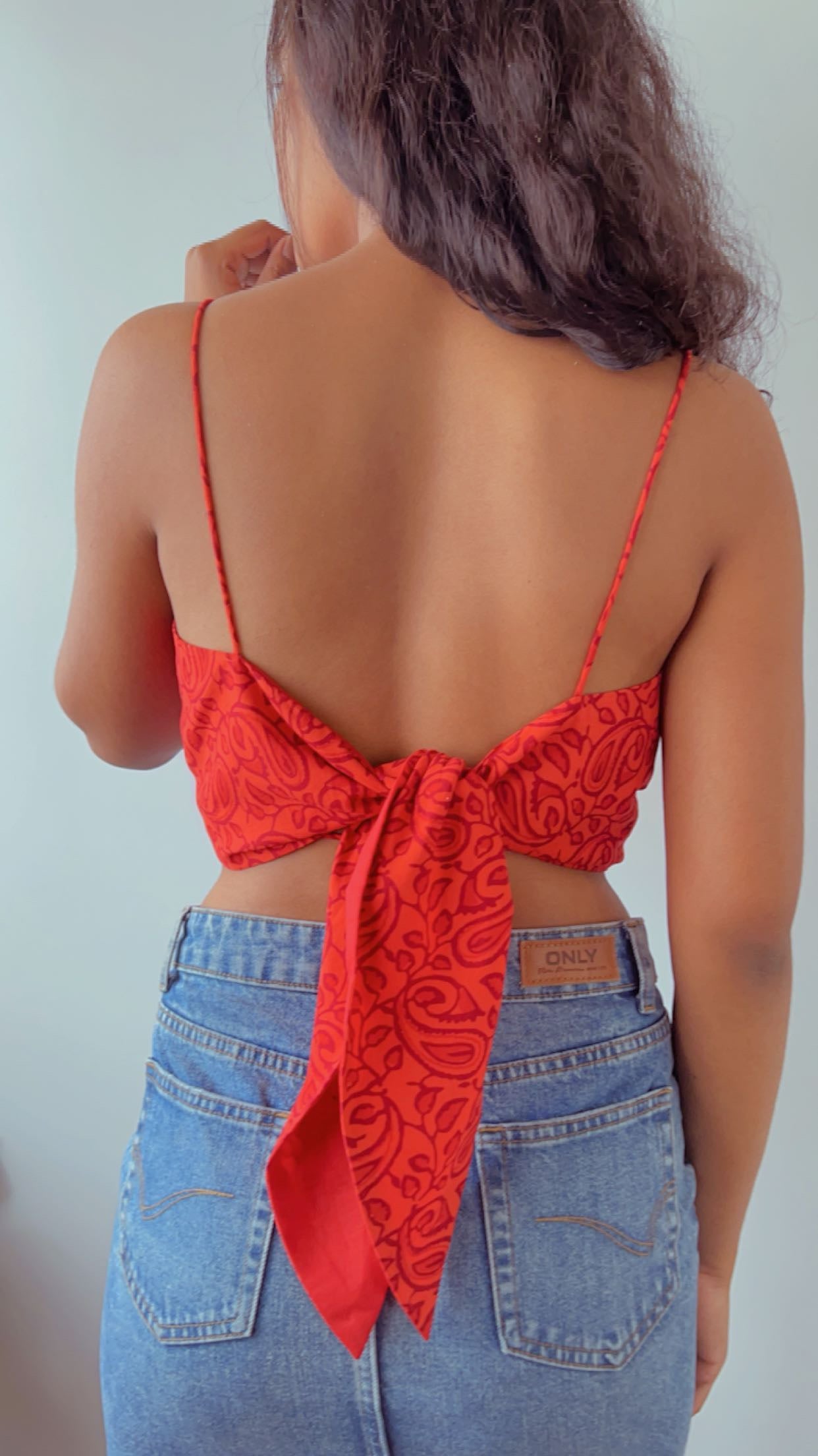 Red Paisley Crop Top - Sweetheart Neckline with Tie-Back Detail