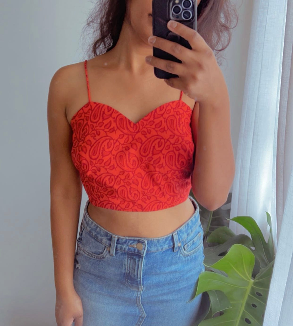 Red Paisley Crop Top - Sweetheart Neckline with Tie-Back Detail