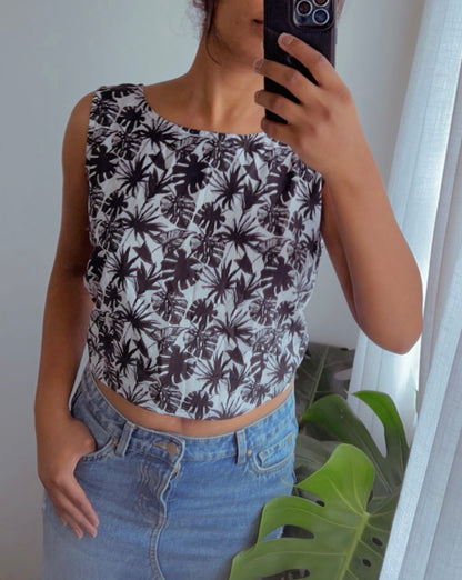 Monstera Tropical Print Crop Top - Backless Tie-Up