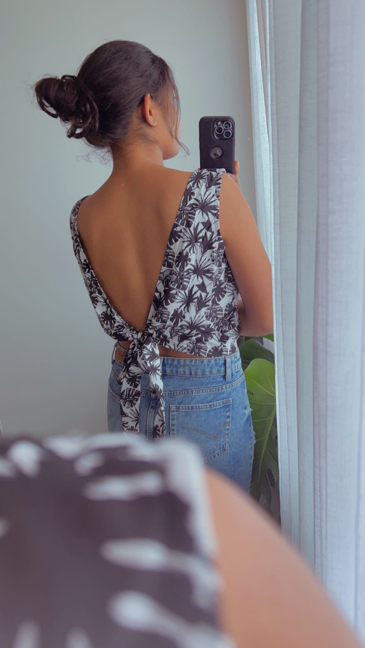 Monstera Tropical Print Crop Top - Backless Tie-Up
