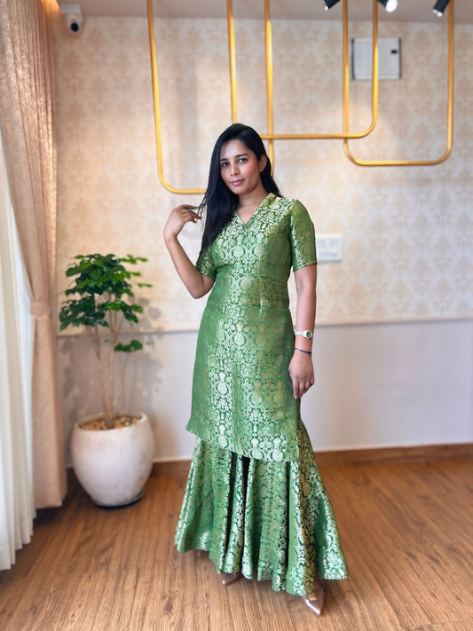 Mehendi Green Brocade Silk V-Neck Sharara