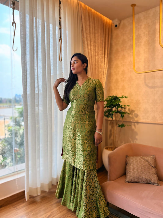 Mehendi Green Brocade Silk V-Neck Sharara