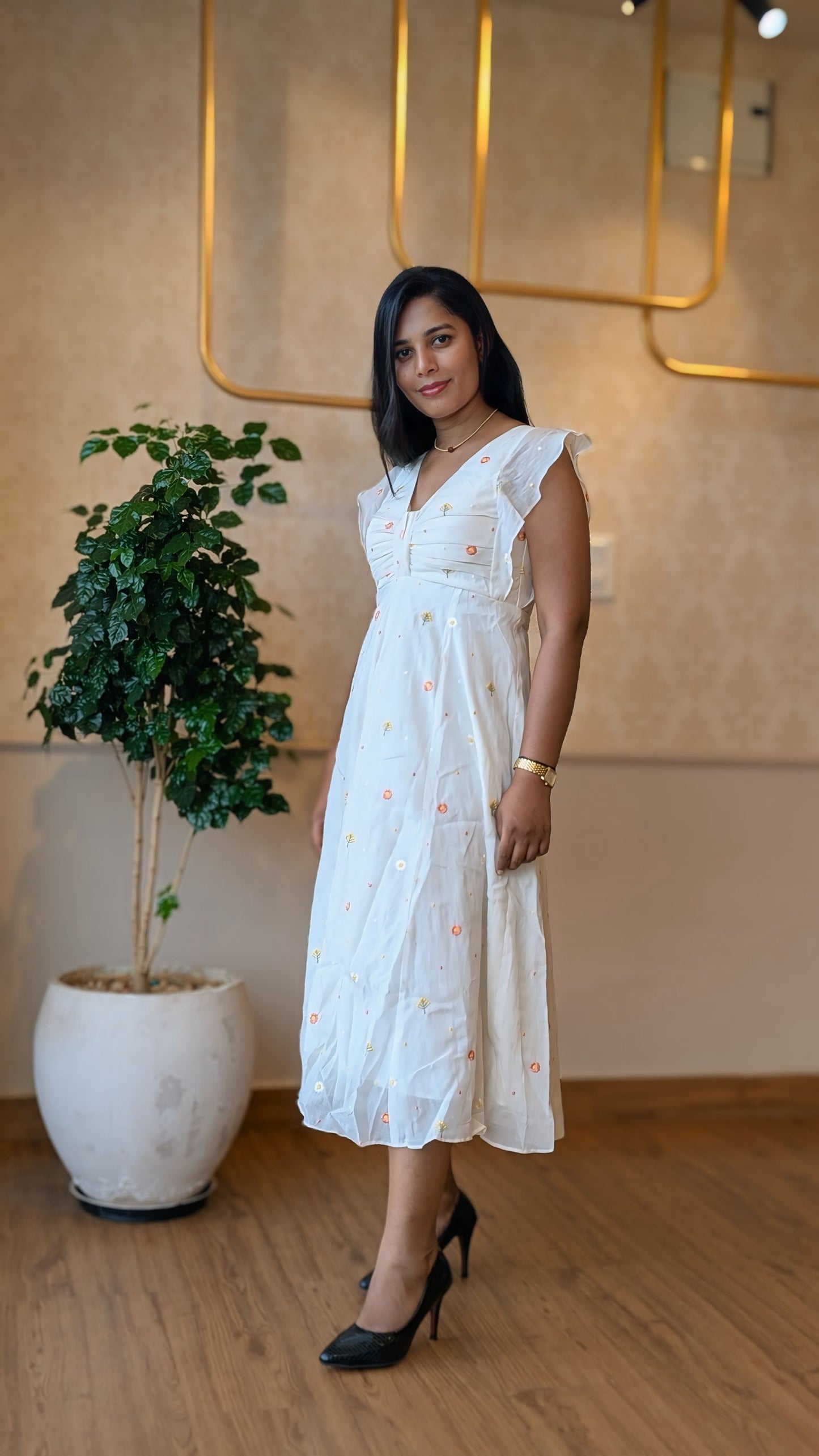 White Cotton Floral Embroidery Dress