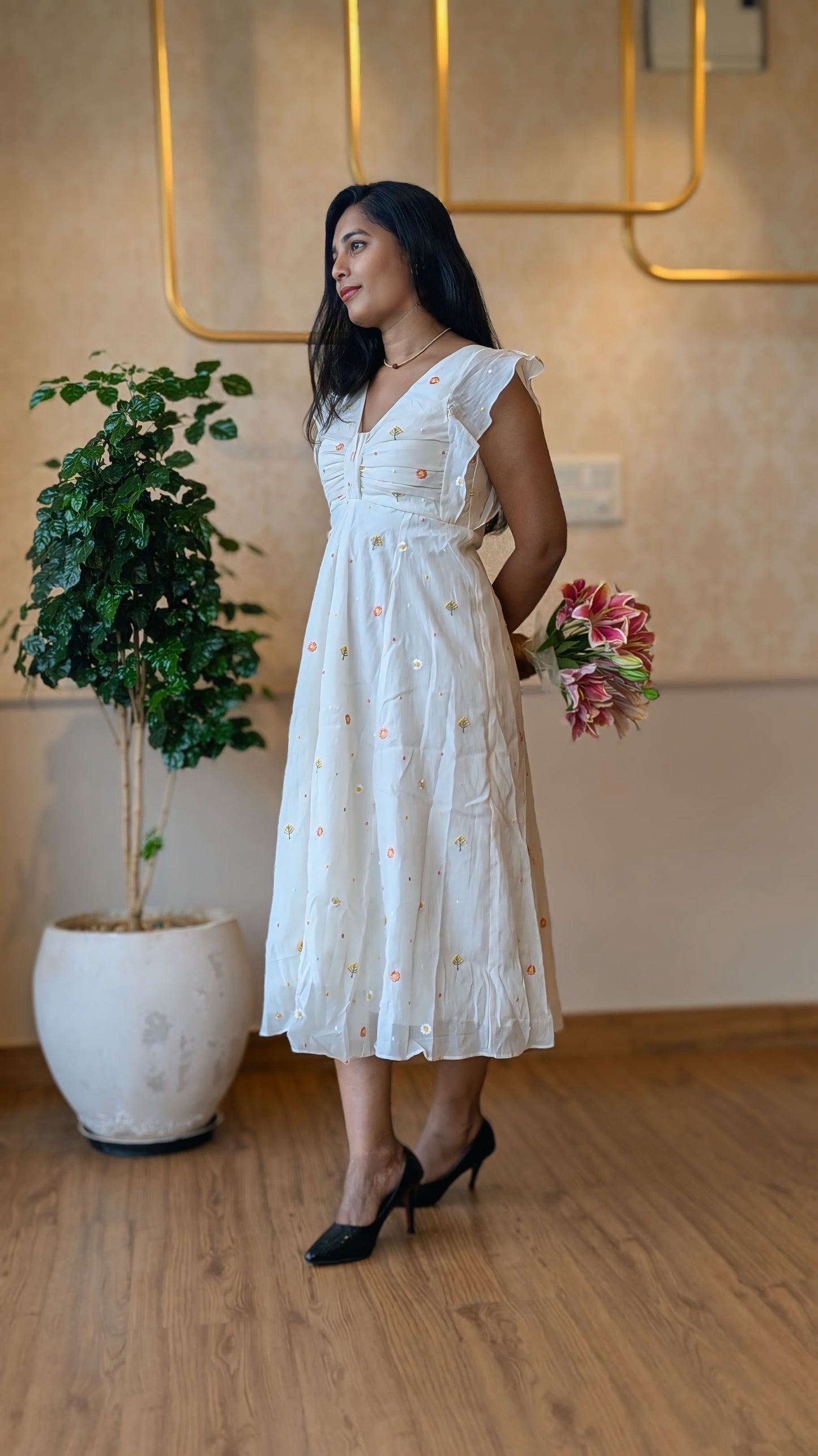 White Cotton Floral Embroidery Dress