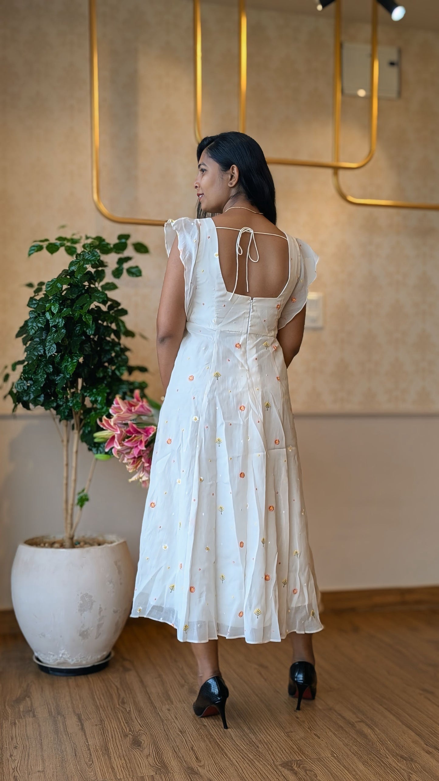 White Cotton Floral Embroidery Dress