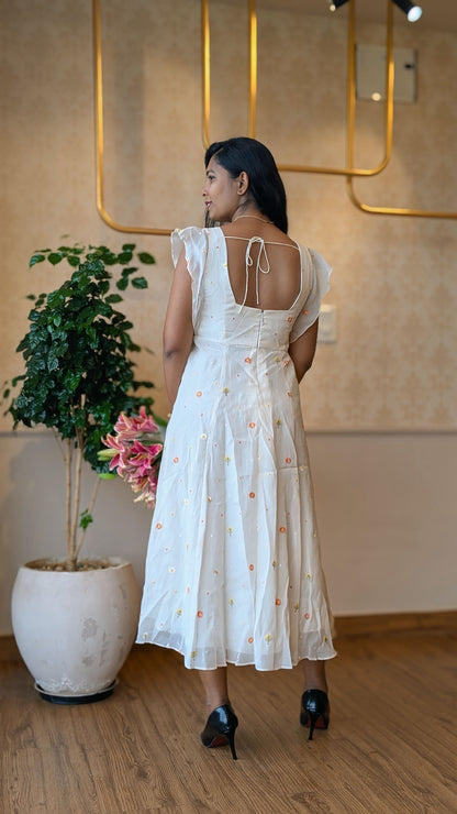 White Cotton Floral Embroidery Dress