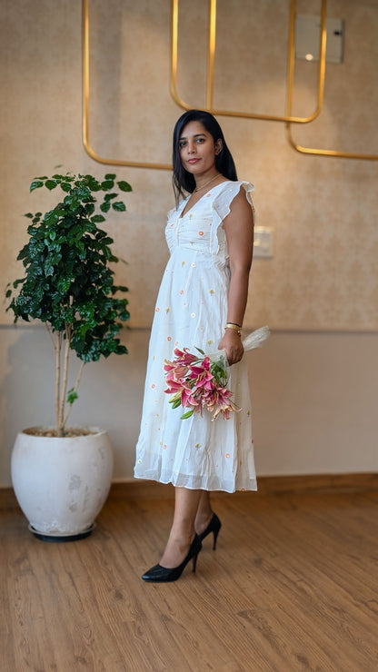 White Cotton Floral Embroidery Dress