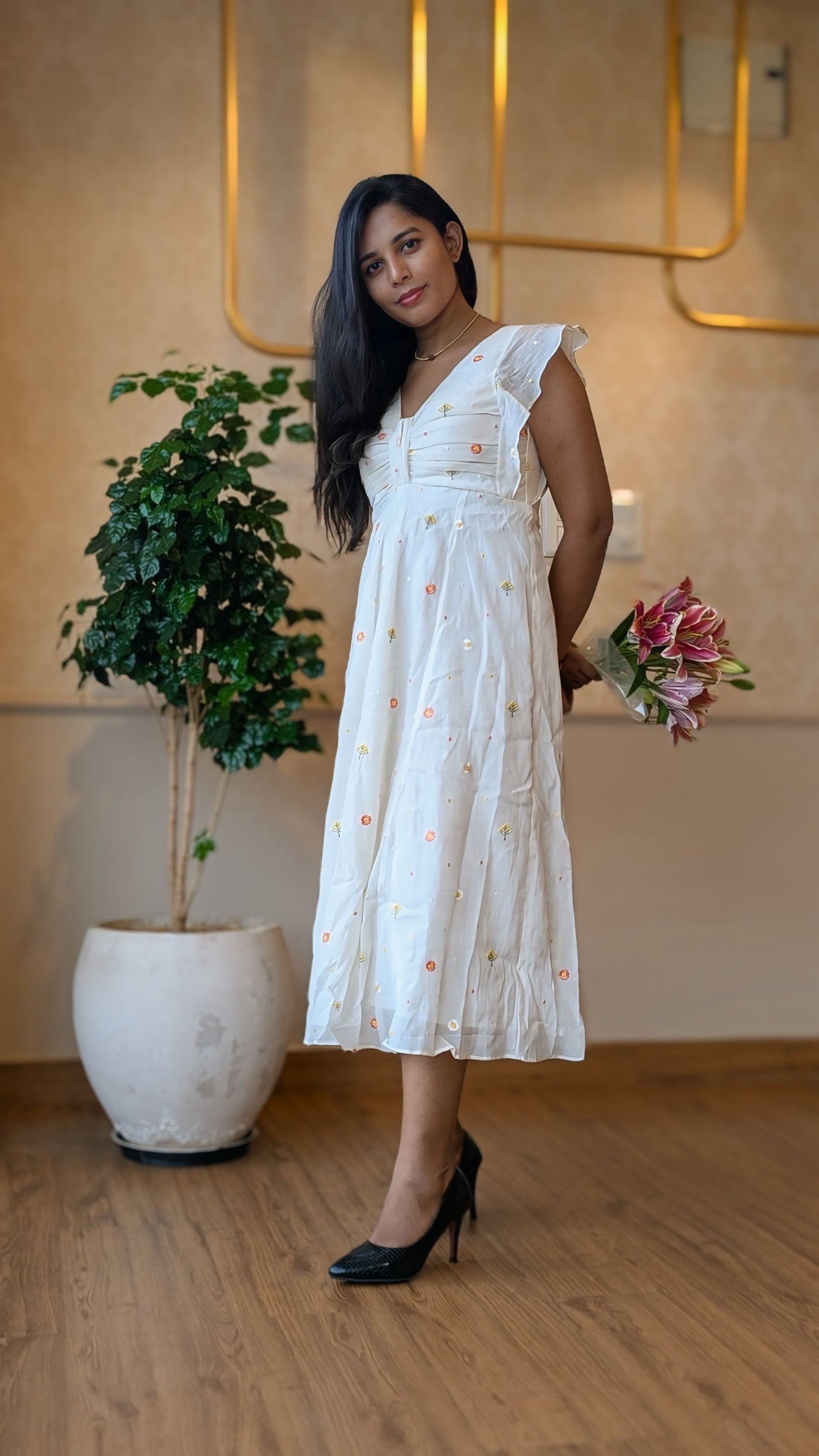 White Cotton Floral Embroidery Dress