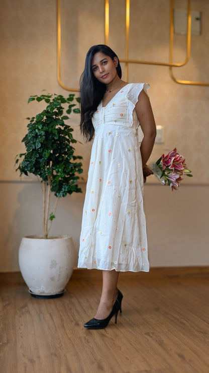 White Cotton Floral Embroidery Dress