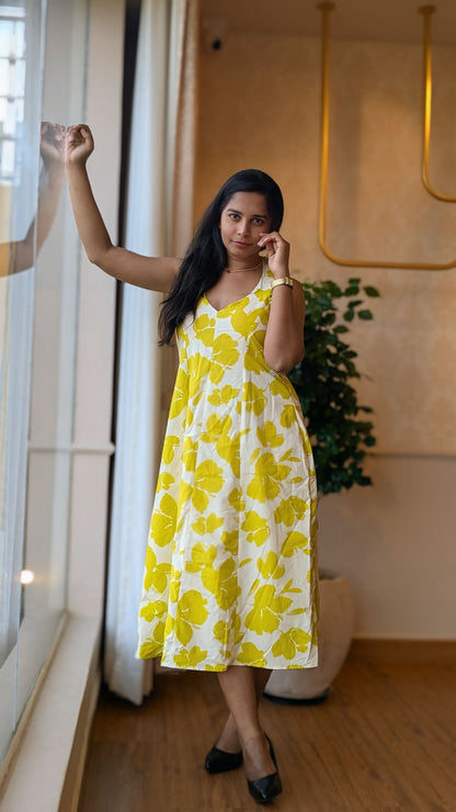 Neon Green Floral Print Open Back Dress