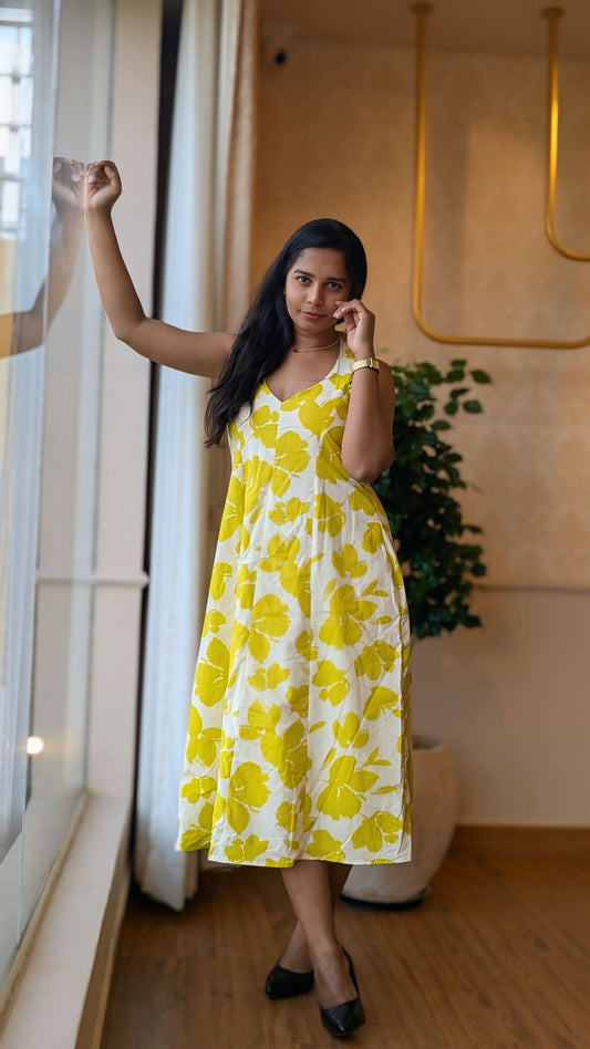Neon Green Floral Print Open Back Dress