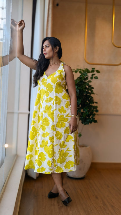 Neon Green Floral Print Open Back Dress