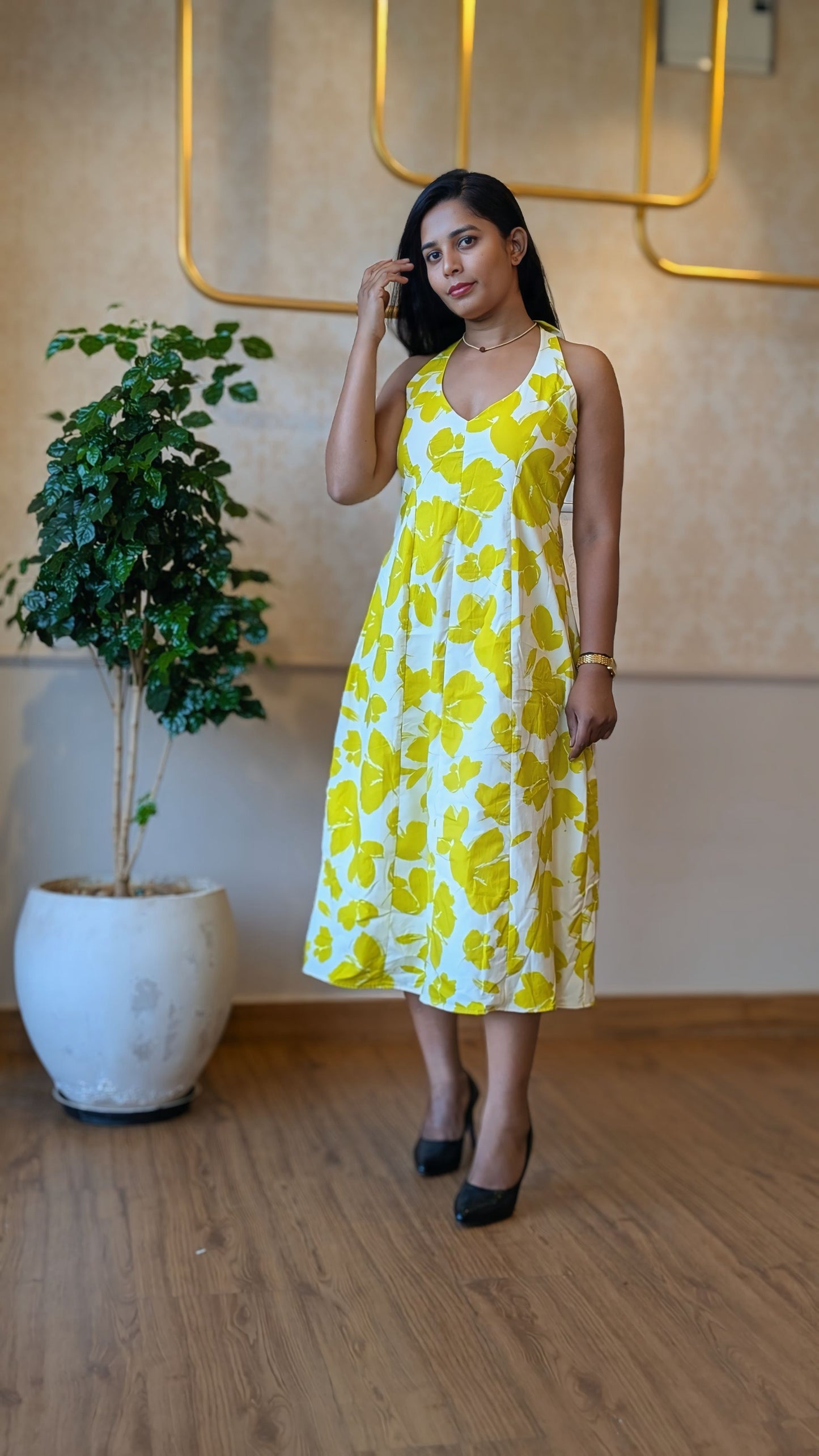 Neon Green Floral Print Open Back Dress