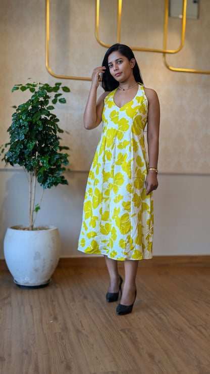 Neon Green Floral Print Open Back Dress