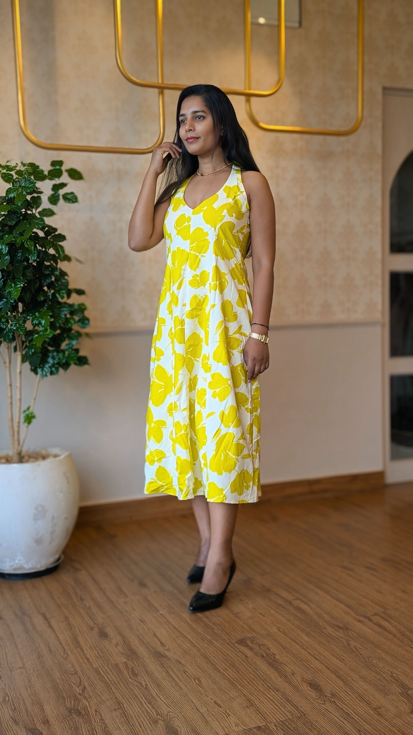 Neon Green Floral Print Open Back Dress