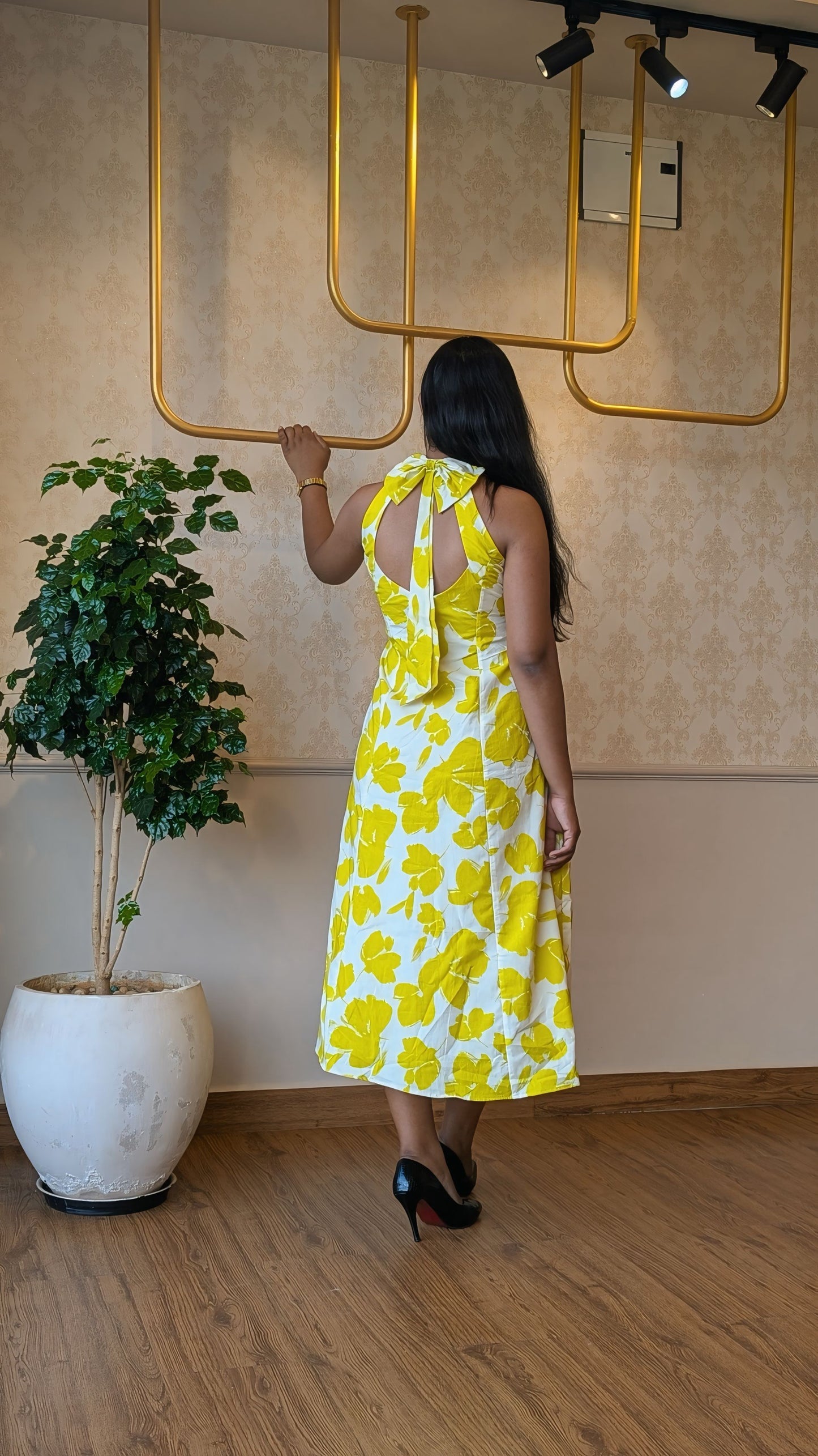 Neon Green Floral Print Open Back Dress